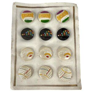 Vintage 12 Buttons On Original Card Czechoslovakia Hand Painted Various Designs